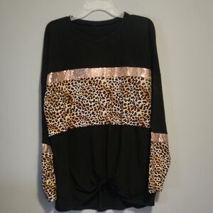 Black Leopard Print Sequin Top
